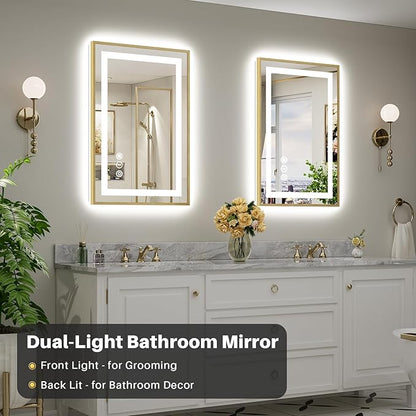24x36 Inch LED Bathroom Mirror with Gold Frame, Backlit & Front Lit, Anti-Fog Lighted Bathroom Vanity Mirror for Wall, Memory Function, Dimmable, HD Tempered Glass, Shatter-Proof
