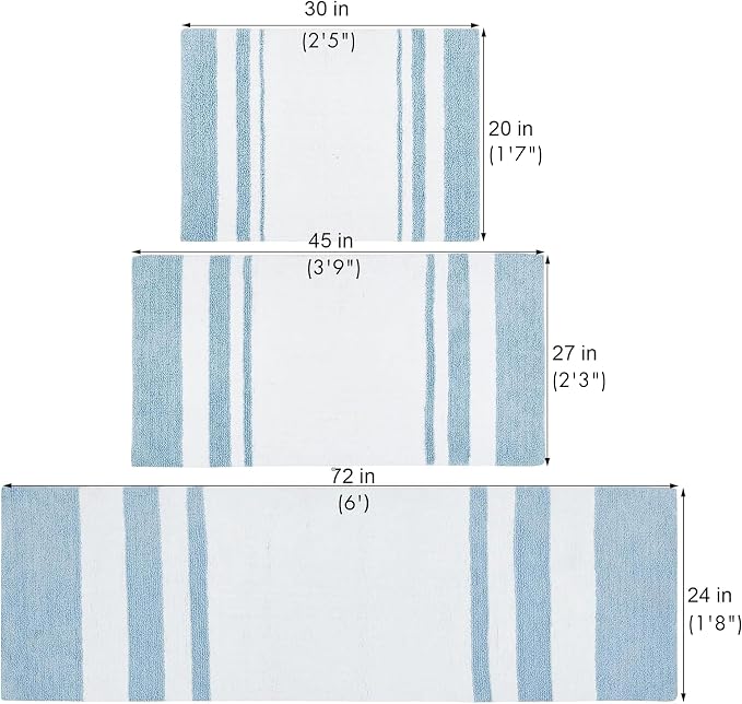 Madison Park Reversible Spa Rug 100%-Cotton Striped Ultra Soft Water Fast Bath Non-Slip Absorbent Quick Dry Mats for Tub, Shower Room, and Bathroom, 20"x30", Blue (MP72-6210) (Pack of 2)