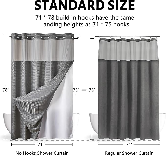 Furlinic No Hook Waffle Weave Shower Curtain with Snap in Fabric Liner,Honeycomb Textured Bathroom Curtains with See Through Top Window,Waterproof & Machine Washable,Light Grey,71x78 Inch