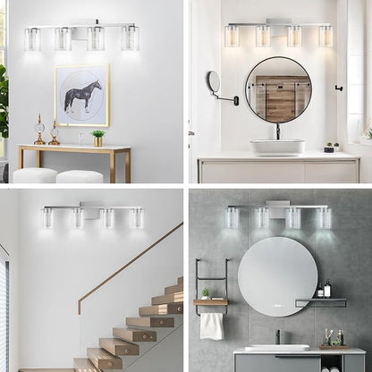 LED Modern Bathroom Light Fixtures Over Mirror, 4-Light Brushed Nickel Vanity Lights with 5 Color Modes, Dimmable Bathroom Vanity Light with Crystal Bubble Glass, 2700K-6500K Adjustable, ETL
