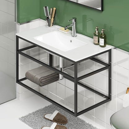 wonline 36" Bathroom Vanity Metal Frame with Sink Top, Floating Vanity with Open Shelf, Modern Wall Mounted Bathroom Cabinet Set with White Sink