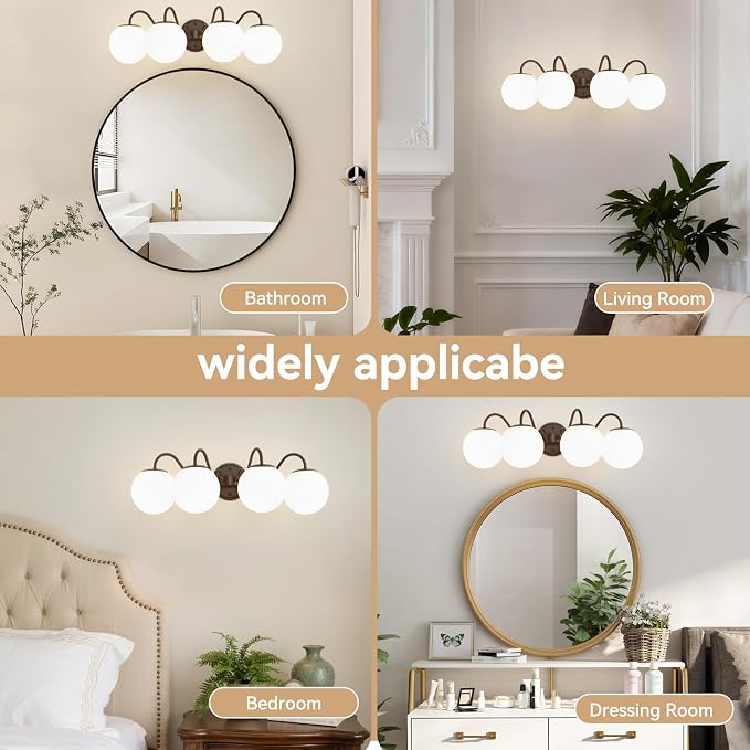 4 Lights Vintage Bathroom Vanity Light Fixtures Over Mirror, Oil Rubbed Bronze Vanity Lights For Bathroom With Milk Glass Globe Shade, Wall Lights For Bedroom, Hallway, Dressing Table(G9 Incl.)