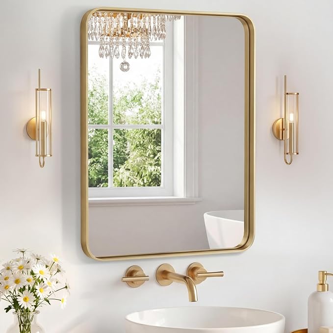 Sweetcrispy Bathroom Mirror 20x16 Inch, Vanity Mirror for Wall | Metal Framed Rounded Rectangle, Over Sink, Farmhouse, Restroom, Anti-Rust, Horizontal or Vertical Hanging, Gold