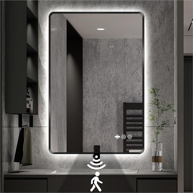 24" x 36" Black LED Bathroom Mirror with Lights - Motion Sensor | Smart LED Backlit Mirror, Anti-Fog, Stepless Dimmable & 3 Color Temperatures, UL-Listed, CRI≥93, Metal Framed Rounded-Corner