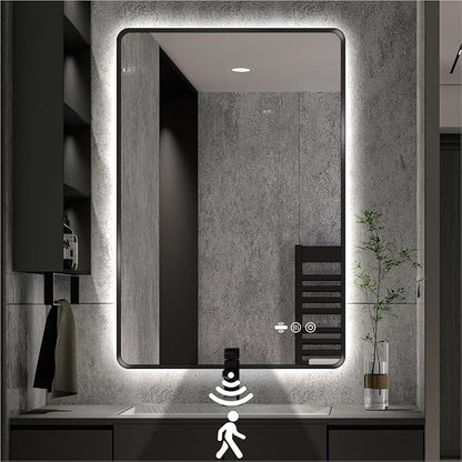 30" x 36" Black LED Bathroom Mirror with Lights - Motion Sensor | Smart Backlit Mirror Bathroom, Anti-Fog, 3-Color Stepless Dimmable, Memory Function, Metal Framed Rounded-Corner Rectangle