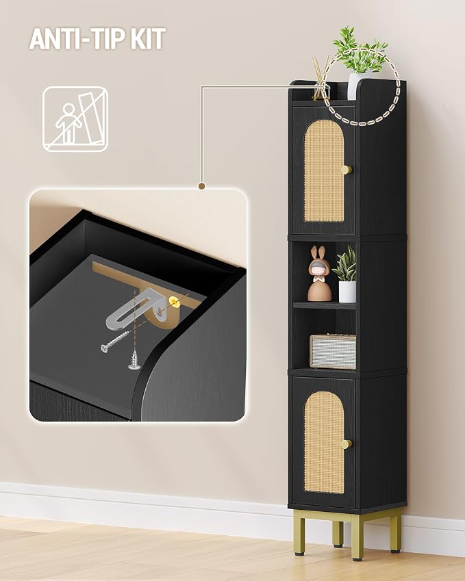 Hzuaneri Slim Bathroom Storage Cabinet, Narrow Bathroom Organizers,2 Doors | Narrow Bathroom Storage with 4 Adjustable Feet, Laundry Room Organization for Small Space,Kitchen,Rattan Black BC22404Y