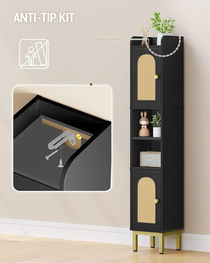 Hzuaneri Slim Bathroom Storage Cabinet, Narrow Bathroom Organizers,2 Doors | Narrow Bathroom Storage with 4 Adjustable Feet, Laundry Room Organization for Small Space,Kitchen,Rattan Black BC22404Y