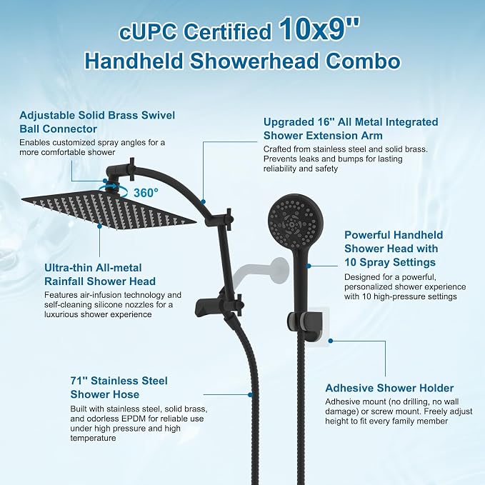 Hibbent All Metal 10" High Pressure Rain Shower Head Combo, Matte Black | cUPC Certified Rainfall Shower Head with handheld 10 Sprays, 16'' Adjustable Extension Arm, 71'' Hose, Showerhead Holder