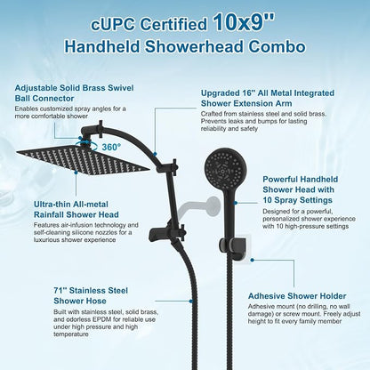 Hibbent All Metal 10" High Pressure Rain Shower Head Combo, Matte Black | cUPC Certified Rainfall Shower Head with handheld 10 Sprays, 16'' Adjustable Extension Arm, 71'' Hose, Showerhead Holder