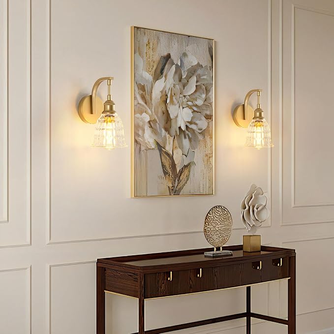 Gold Bathroom Wall Sconce, 1-Light Modern Brushed Gold Sconce Light Fixture | with Clear Glass Shade, Vintage Farmhouse Hardwired Wall Mount Lighting for Mirror Bedroom Hallway Kitchen Living Room