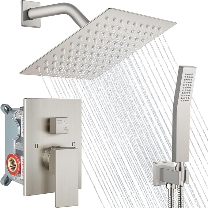 Midanya Shower Faucet Set,Wall Mount Shower System with Square Rain Shower Head and Hand Sprayer, Rough-in Valve Body and Trim Kit Included,8 Inch,Brushed Nickel