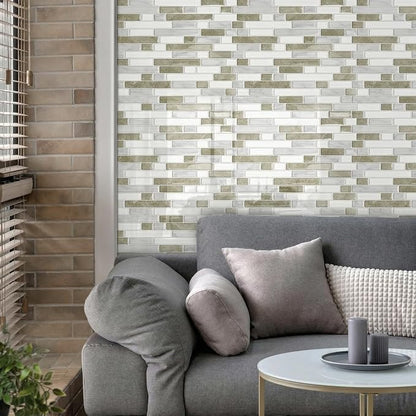10 Sheets Thick Peel and Stick Kitchen Backsplash Tiles | 3D Waterproof Self Adhesive Wall Tile Stick on Backsplash for Kitchen,Bathroom and Fireplace(Beige&White,12"×12")