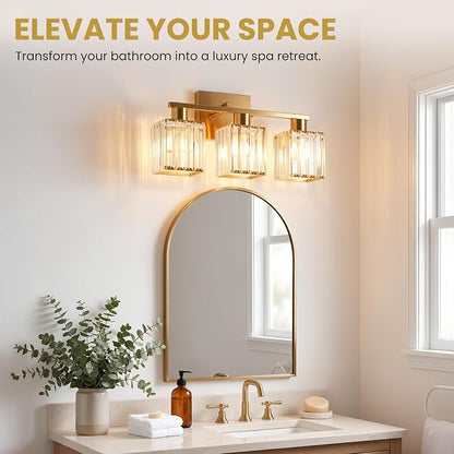 Crystal Bathroom Light Fixtures, 3-Light Brushed Gold, Vanity Lights for Bathroom Over Mirror, Modern Bath Wall Sconce for Mirror Bedroom Living Room