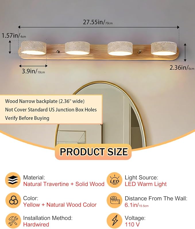 Natural Wood Vanity Light, 27.6 Inches Wabi Sabi Travertine Wall Sconce with 360° Rotatable Natural Stone Lampshade and Wooden Base Nordic Style Farmhouse Vanity Lights for Bathroom (4 Lights)