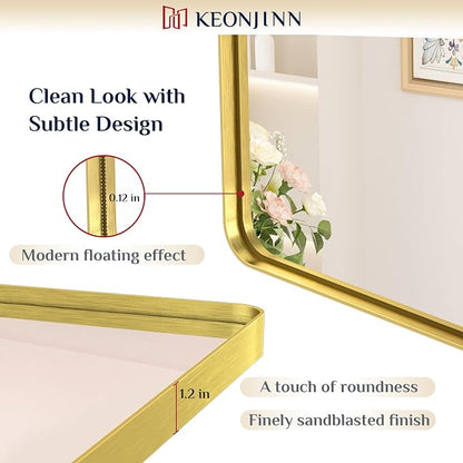 Keonjinn 42 x 36 Inch Gold Bathroom Mirror, Tempered Glass Vanity Mirror | Brushed Finish, Brass Vanity Mirror, Anti-Rust Aluminum Frame, Rounded Rectangle, French Cleat Mount, Ideal for Home Décor