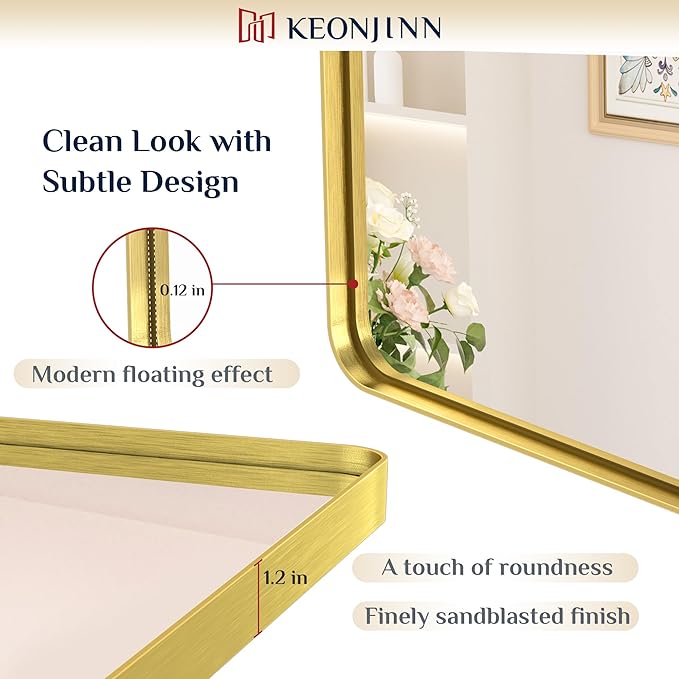 Keonjinn 30 x 36 Inch Brushed Gold Bathroom Vanity Mirror, Aluminum Frame | HD Tempered Glass, Brass Bathroom Mirrors for over Sink, Anti-Rust Aluminum Frame, Rounded Rectangle, French Cleat Mount