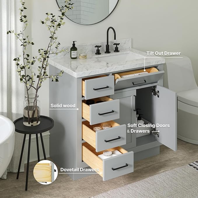 ARIEL Hepburn 36-inch Bathroom Vanity Base Cabinet,Solid Wood, 2 Soft Closing Doors, 5 Dovetail Drawers, Grey