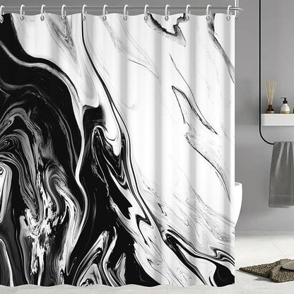 Black and White Shower Curtain, Modern Abstract Black Marble Shower Curtain for Bathroom Aesthetic Ink Texture Waterproof Shower Curtain Set with Hooks, 72x84 Inch
