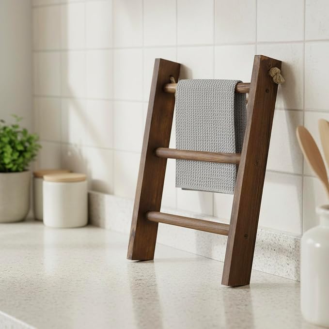 MyGift Dark Brown Wood Wall Mounted 3 Tier Hand Towel Ladder Rack | Top Rope for Easy Hanging, Vertical Storage for Guest Towels, Washcloths, Blankets & Decorative Throws