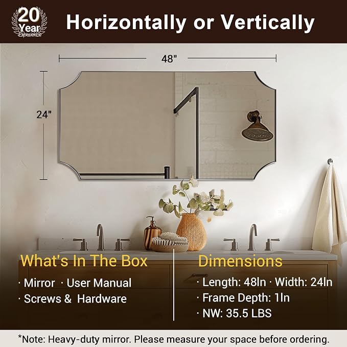 Scalloped 24"x48" Brushed Nickel Vanity Mirror | Rustproof Stainless Steel Frame 1" Deep, Unique Notched Corner Design, Horizontal & Vertical Mount, Modern Bath Wall Decor