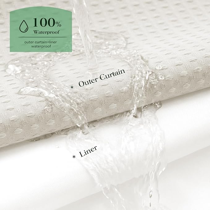 Ivory Hook Free Waffle Shower Curtain & Snap-in Fabric Liner,72x99 | Less Time to install, 3 in 1 Fabric Shower Curtain and Liner Set with Magnets, Extra Long, Shower Curtains for Bathroom