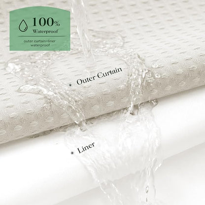 Ivory Hook Free Waffle Shower Curtain & Snap-in Fabric Liner,72x99 | Less Time to install, 3 in 1 Fabric Shower Curtain and Liner Set with Magnets, Extra Long, Shower Curtains for Bathroom