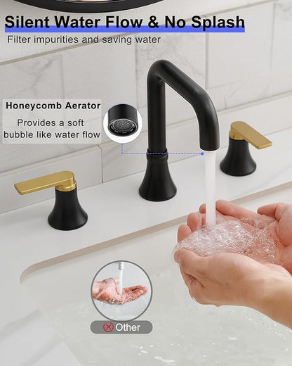 8 Inch Black and Gold Bathroom Faucet Widespread, 360 Degree Swivel Faucet for Bathroom Sink 3 Hole with 2 Handles, Pop-Up Drain & Water Hoses Saving Water