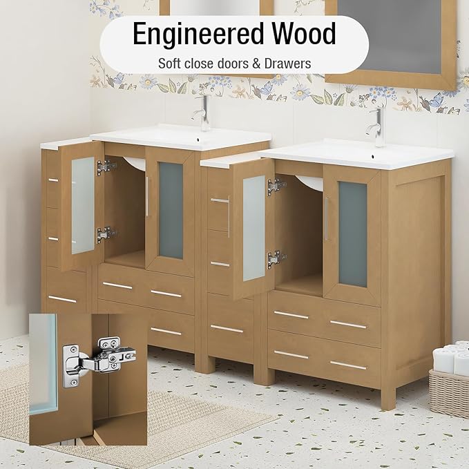 HOMEBEYOND 72 Inch Modern Bathroom Vanity with Sink & Mirror, Double Sink Vanity Cabinet with Basin and Mirror, Dove-Tailed Drawers, Soft-Closing Doors, Wood, Natural Oak