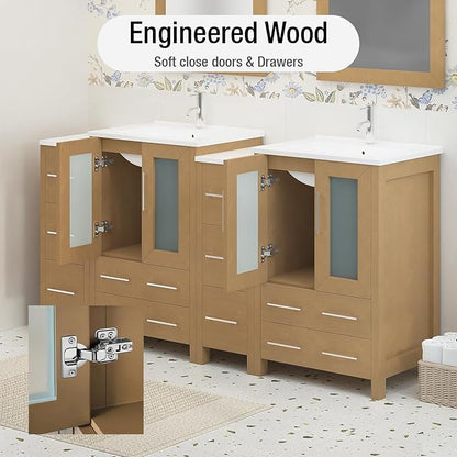 HOMEBEYOND 72 Inch Modern Bathroom Vanity with Sink & Mirror, Double Sink Vanity Cabinet with Basin and Mirror, Dove-Tailed Drawers, Soft-Closing Doors, Wood, Natural Oak