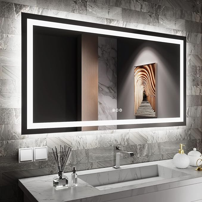 LED Bathroom Mirror, 55"X30" with Front Light and Backlit | Stepless Dimmable, Anti-Fog, Shatter-Proof, HD Reflection, Memory, 3 Colors Lighting, UL Listed (Horizontal/Vertical).