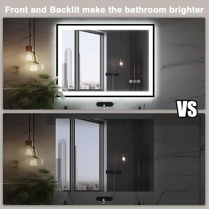 EchosLife 40x24 LED Bathroom Mirror - Black Aluminum Framed | Black Frame, Front and Backlit, Anti-Fog, Stepless Dimmable, 3 Colors, Memory, Tempered Glass, UL Listed, Horizontal/Vertical