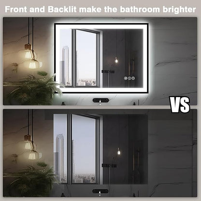 EchosLife 40x24 LED Bathroom Mirror - Black Aluminum Framed | Black Frame, Front and Backlit, Anti-Fog, Stepless Dimmable, 3 Colors, Memory, Tempered Glass, UL Listed, Horizontal/Vertical