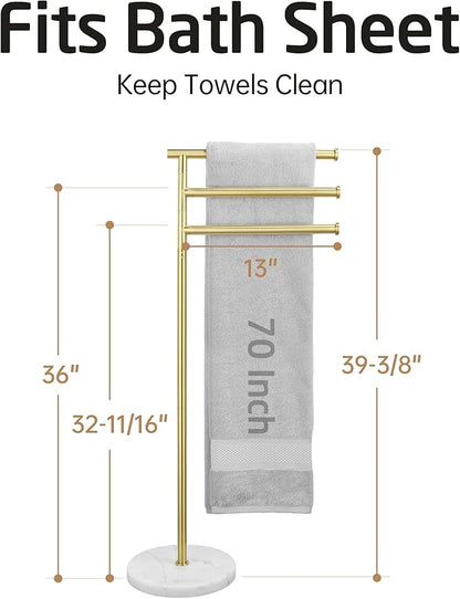 KES Brushed Gold 40-Inch Freestanding Towel Racks for Bathroom with Weighted Natural Marble Base, 3 Swivel Arms Bath Floor Free Standing Towel Racks, 18/8 Stainless Steel, BTH219-BZ