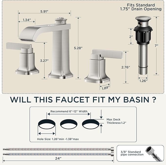 FORIOUS Bathroom Faucet 3 Hole Widespread Sink Faucets Brushed Nickel | 3-hole 4-12 Inch Widespread Sink, Square Waterfall Spout, with Drain and Hoses,for Vanity Rv Commercial Lavatory Restroom