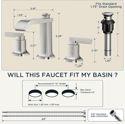 FORIOUS Bathroom Faucet 3 Hole Widespread Sink Faucets Brushed Nickel | 3-hole 4-12 Inch Widespread Sink, Square Waterfall Spout, with Drain and Hoses,for Vanity Rv Commercial Lavatory Restroom