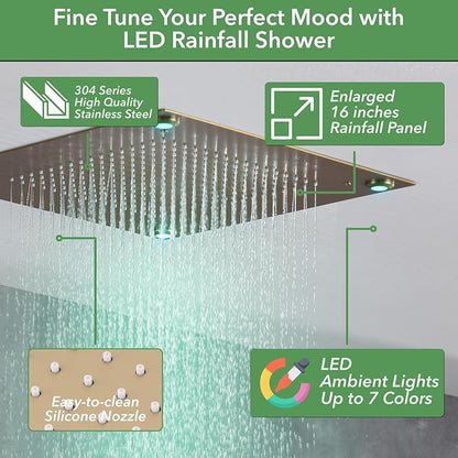 VANFOXLE Shower Faucet Set Brushed Rose Gold Shower System,Shower Faucet with 2 in 1 Handheld,Ceiling Mount 16 Inch LED Shower Head+6 Inch Shower Head(Rough-in Valve Body and Trim)