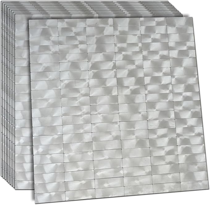 XUANINY Peel and Stick Tile Backsplash Self- Adhesive Wall Tiles Aluminum Mosaic Sticker for Kitchen (11.33"x11.92" Per Sheet, Pack of 10 pcs) (Silver Texture 10)