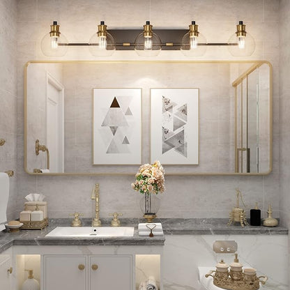 Tipace Vintage Vanity Light Fixture,5-Light Industrial Black & Gold Bathroom Lighting with Globe Clear Glass Shades Farmhouse Bath Lighting (Exclude Bulb)