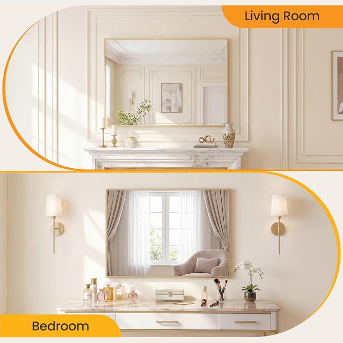 Sweetcrispy Bathroom Mirror, 30" x 40" Rectangle Wall Mount Mirrors | Modern Vanity Mirror with Tempered Glass, Metal Frame, for Home Decor, Anti-Rust, Gold