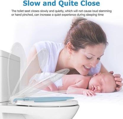 19" Elongated Potty Training Toilet Seat, Built-In Soft Quiet-Close Lid with Magnetic Blue Kids Seat and Non-Slip Design, Easy to Install and Clean