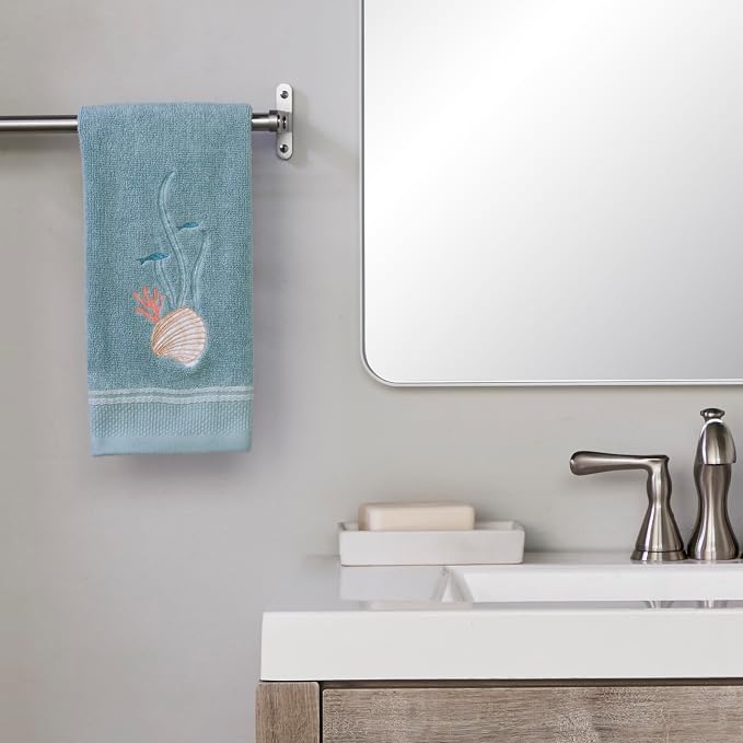 SKL Home Underwater Hand Towel Set-2pc, 100% Cotton, Embroidered, Blue | Soft, decorative velour. For use in the bathroom, kitchen or bar. Great for Airbnb, beach homes, coastal décor.