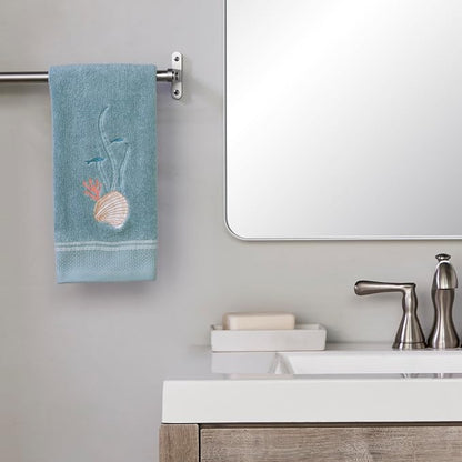 SKL Home Underwater Hand Towel Set-2pc, 100% Cotton, Embroidered, Blue | Soft, decorative velour. For use in the bathroom, kitchen or bar. Great for Airbnb, beach homes, coastal décor.