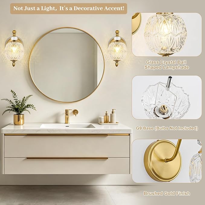 1 Piece Vintage Wall Sconce, 1-Light Mid Century Brushed Gold Finish Wall Sconce with Globe Glass Shade, Retro Light for Bathroom, Bedroom, Living Room,Powder Room