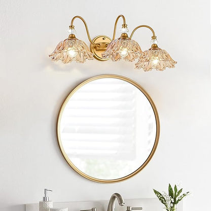 Vintage Bathroom Vanity Light, 3-Light Matte Brass Finish Vanity Light with Flower-Shaped Amber Glass Shades, Retro Wall Sconce for Bathroom, Dressing Table