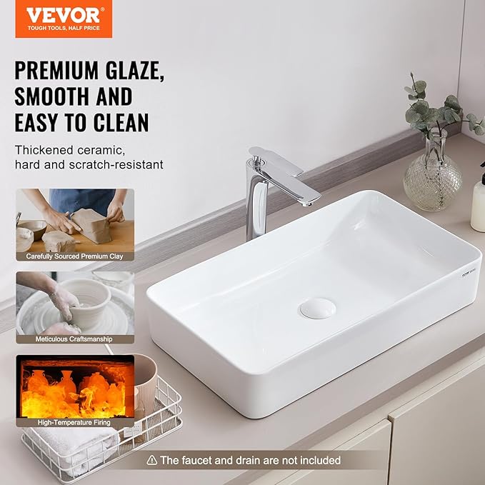 VEVOR Rectangle Vessel Sink, 24" x 13.8" Bathroom Vessel Sink Countertop, White Ceramic Bathroom Sinks Above Counter, Modern Style, Bright and Elegant, Well-Packaged for Bathroom, Hotel, Toilet, RV