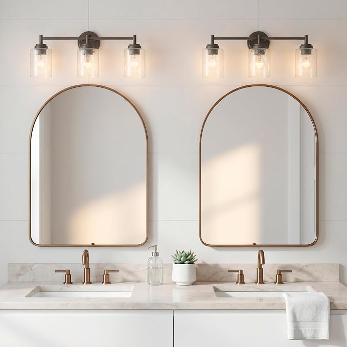Kichler Winslow 3-Light Farmhouse Vanity Light, Olde Bronze | Clear seeded glass vanity light for bathroom mirrors (21.5" x 9.25"), 45886OZ