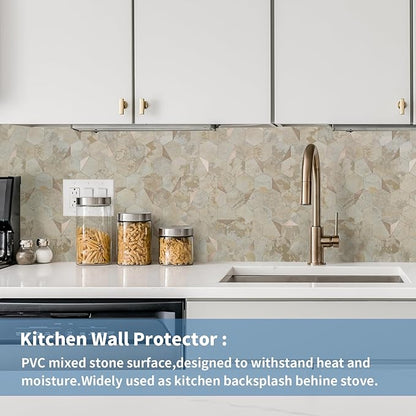 20 Sheets Hexagon Peel and Stick Backsplash for Kitchen Wall, Heat Resistant Stick on Backsplash PVC Smart Tiles, 12'' Ecru Beige Stone Waterproof Peel and Stick Tile for Bathroom
