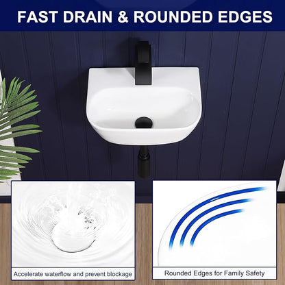 Small Vessel Sink 17"x12" Wall Mount Bathroom Sink Wall Mounted Oval Wall Hung Mini White Porcelain Ceramic Floating Tiny Sink,Easy Install, Durable, Space-Saving, Ideal for Home,RV