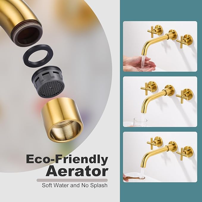 ARCORA Wall Mount Bathroom Faucet, Brushed Gold Bathroom Sink Faucet, 2 Handle Wall Mount Vessel Sink Faucet Rough in Brass Valve Included
