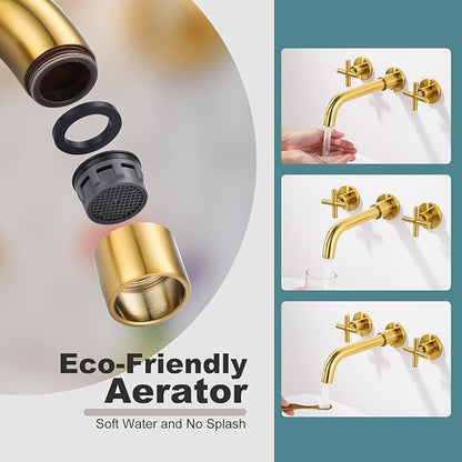 ARCORA Wall Mount Bathroom Faucet, Brushed Gold Bathroom Sink Faucet, 2 Handle Wall Mount Vessel Sink Faucet Rough in Brass Valve Included